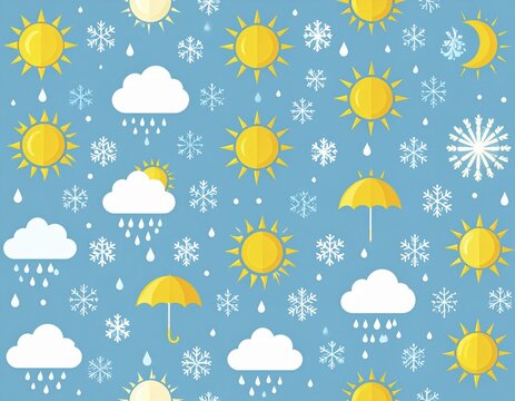 Seamless weather pattern with sun clouds rain snowflakes and umbrella vector illustration
