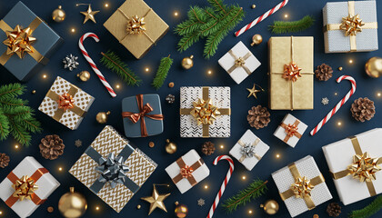 Holiday cheer with festive Christmas gifts, candy canes, and pine boughs creating a magical holiday scene for joyous celebrations, perfect for invitations