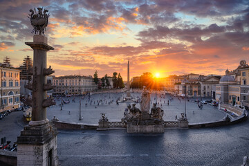 Sunset view of Piazza del Popolo (People's Square) in Rome, Italy. Architecture and landmark of Rome. Cityscape of Rome.