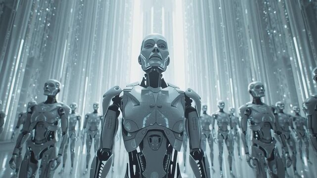 Future Sentinel: An imposing robotic figure stands at the forefront, overseeing a battalion of advanced androids, all gleaming with futuristic technology.