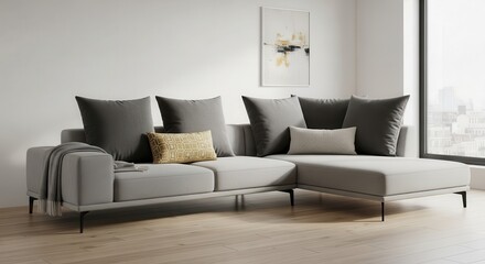 Fototapeta premium Modern sectional sofa with soft cushions furnishes a brightly lit interior space