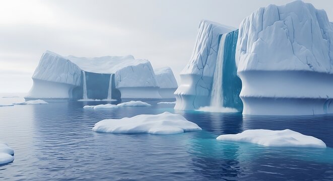 Majestic Icebergs With Cascading Waterfalls In A Serene Arctic Ocean Reflecting Cold Beauty And Environmental Wonder