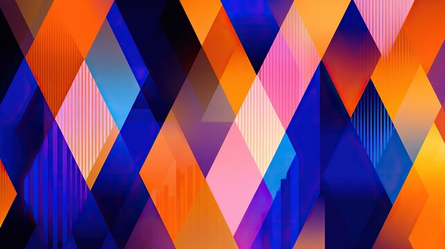 A bold abstract geometric pattern featuring vibrant orange, blue, and pink triangles. It uses sharp lines, geometric shapes, and striking color contrasts, making it suitable for creative projects.