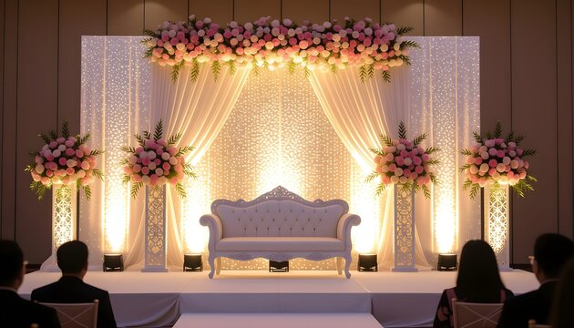 Malay wedding stage with giant floral arch, sequin backdrop, and royal white sofa