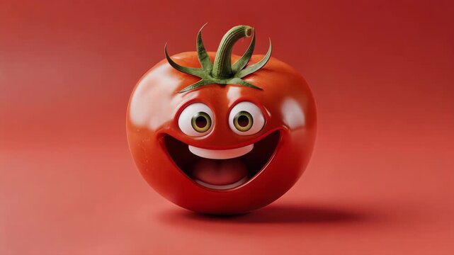 A cartoonish happy tomato with closed eyes and open mouth smiles