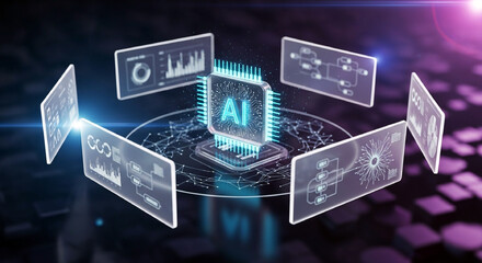 Modern glowing AI circuit board technology with data dashboards for business and innovation