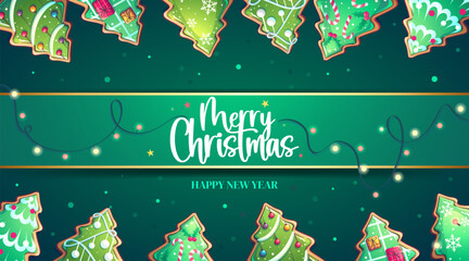 Festive Christmas banner with decorative tree-shaped cookies, glowing string lights, and cheerful holiday typography on a green background, ideal for seasonal greetings, invitations, and projects.