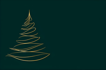 Minimalistic golden lineart of Christmas tree on dark green background with copy space
