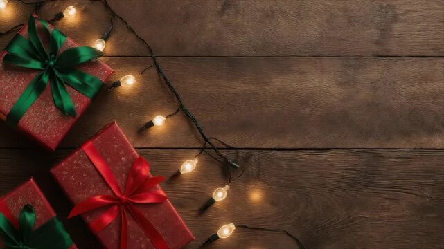 Overhead shot of red wrapped presents with ribbons, string lights, and a wooden background