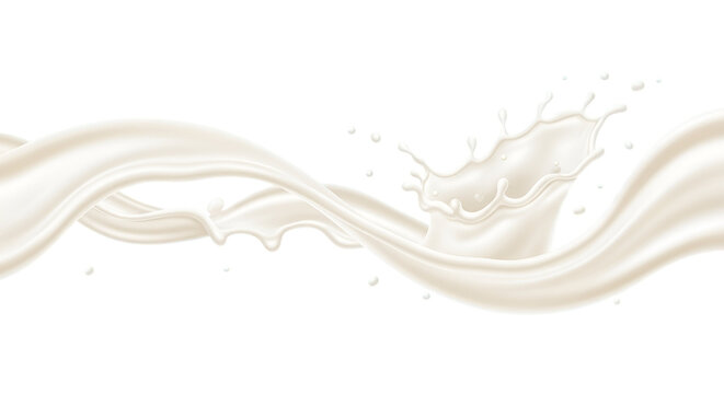 Dynamic white liquid splash and wave flowing horizontally, representing milk or cream, isolated on transparent background