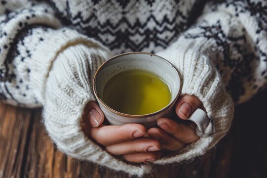 Woman in Christmas sweater holding tea in hands