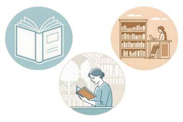 Illustration of people reading books in different settings, including library and at home isolated on transparent background