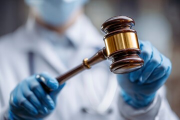 Person in gloves lab coat holds gavel