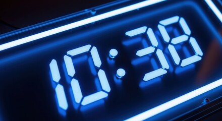 Illuminated digital display shows the time ten thirty eight with bright neon glow
