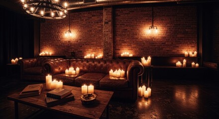 Cozy Lounge with Candlelight Soft Lighting Warm Romantic Atmosphere in Industrial Style