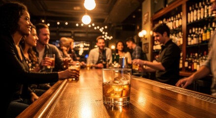 People Socializing at Bar Counter in Warm Ambient Lighting