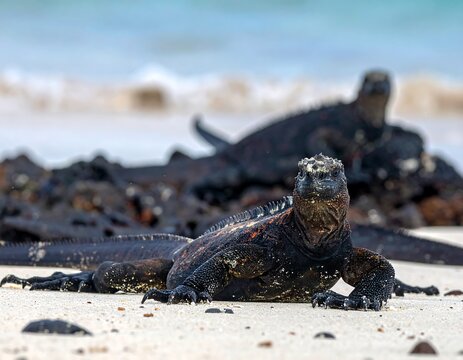 Several dark-skinned reptiles rest on a sandy shore, the ocean visible in the background. The creatures appear to be basking in the sun