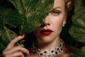 Piercing Blue Eye of a Woman with a Ruby Necklace Behind a Green Leaf
