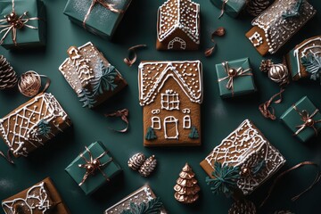 Festive Gingerbread Houses and Gift Boxes with Christmas Decorations on Dark Green Background