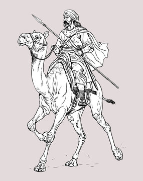 Ancient Arab warrior on a war camel. Historical drawing.