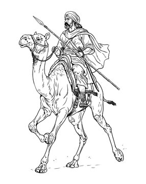 Ancient Arab warrior on a war camel. Historical drawing.