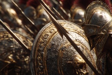 Ornate Bronze Shield and Spear Tip of a Roman Legionary in Line