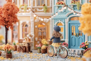 Charming Miniature World of a Girl and Her Bicycle on an Autumn Lane