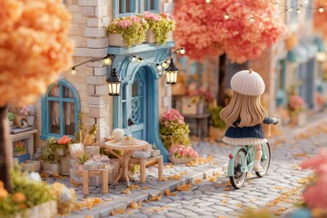 Whimsical Doll Enjoying an Autumn Day by a Miniature Cafe