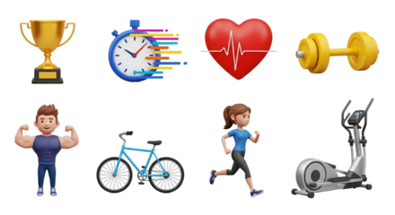 3d fitness and health icons set sports, exercise, and achievement elements, isolated on white isolated on transparent background