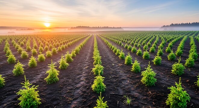 Young Evergreen Seedlings Growing in Neat Rows on Agricultural Land at Sunrise with Fog and Sunbeams - Powered by Adobe