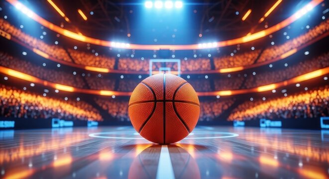 Basketball on court in arena with spotlights and crowd, front close up view