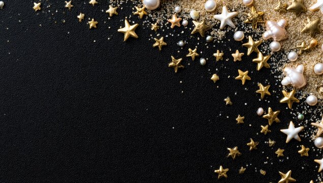 Golden and Silver Stars and Pearls on Black Background.