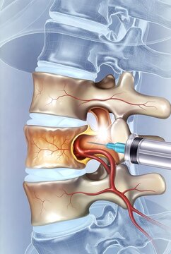 Spinal Injection for Herniated Disc Treatment: 3D Medical Illustration of Syringe Administering Medication into Lumbar Vertebrae to Relieve Nerve Compression and Pain.