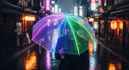 Individual stands beneath an illuminated clear umbrella on a dark, wet urban street at night