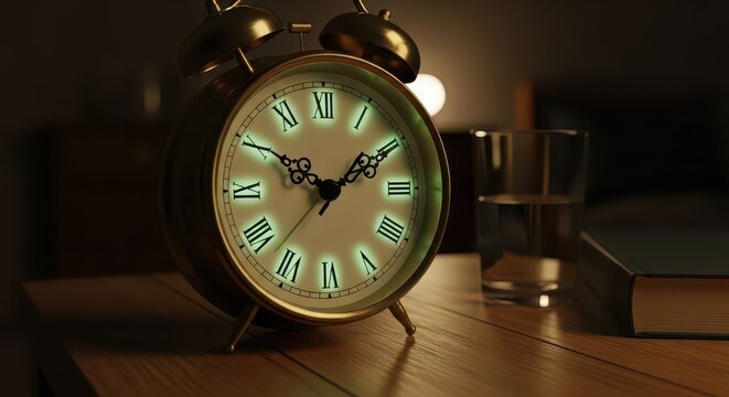 Illuminated antique style alarm clock rests beside a glass of water and a book on a wooden surface in darkness