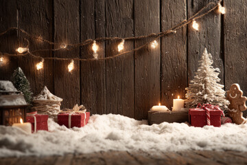 Cozy christmas lights rustic wooden wall, snowy decor, gifts, candles, festive warmth