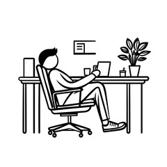 Minimalist outline of a focused person working productively at a clean desk with a laptop and coffee