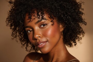 Fototapeta premium Portrait of a woman with lush curls, warm lighting, and a joyful expression celebrating hair texture and wellness