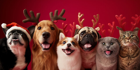 Group of dogs and cats in Christmas costumes