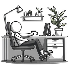 Modern office worker enjoying a quiet break at a tidy desk with a computer and plants