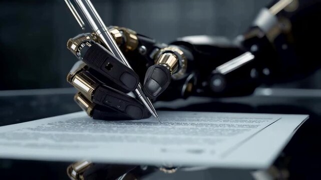Robotic hand holding a pen while writing on a printed document on a reflective desk creating a high tech automation and artificial intelligence scene
