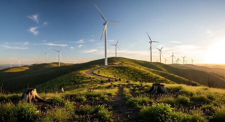 Renewable energy landscape with majestic wind turbines on rolling hills at sunrise showcasing sustainable power generation and environmental conservation efforts