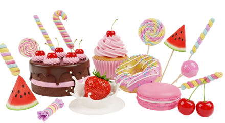 Vibrant collection of colorful candies, desserts, and sweets, isolated on transparent background
