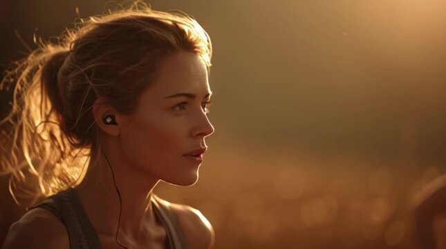 Golden hour fitness motivation as determined woman jogs, headphones in, focused on achieving her wellness goals in the warm sunlight