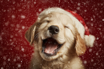 Golden retriever puppy laughing in Christmas snow