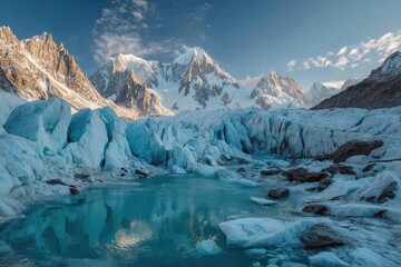 Fototapeta premium Pristine glacier landscape at dawn with blue ice and mirrored lake