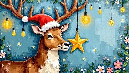 Christmas reindeer wearing red hats, adorned with star lights, accompanied by flowers and snow scenery