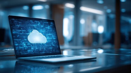 Professional desk setup with a cloud upload icon on a blue code background