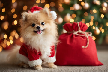 Pomeranian puppy in Santa coat with gift bag