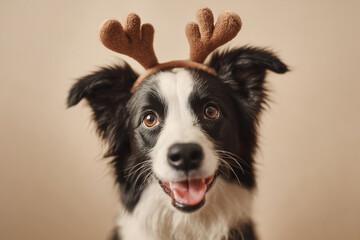 Border Collie wearing reindeer antlers